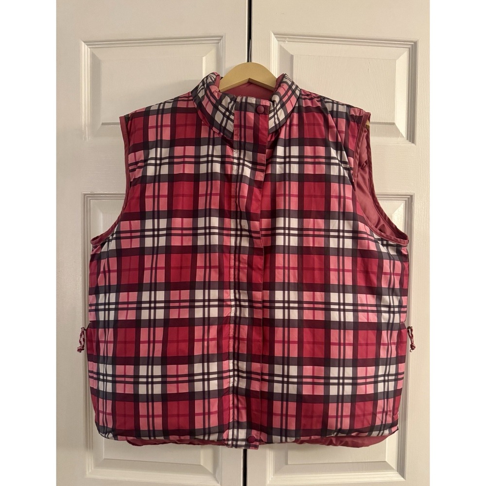 Lands End Women's Plus Size 2X Pink Plaid Reversible‎ Down-Filled Puffer Vest